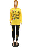 Yellow Casual Letter Print Basic Hooded Collar Long Sleeve Two Pieces