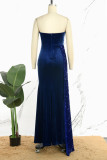 ブルー セクシー フォーマル パッチワーク スパンコール バックレス スリット ストラップレス イブニング ドレス ドレス