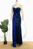 Blue Sexy Formal Patchwork Sequins Backless Slit Strapless Evening Dress Dresses