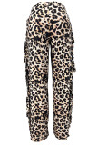 Camuflaje Calle Leopardo Estampado de camuflaje Borla Patchwork Recto Cintura alta Pantalones rectos con estampado completo