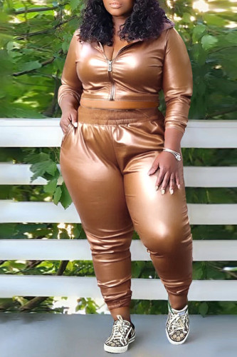 Brown Casual Solid Patchwork Zipper Collar Plus Size Two Pieces
