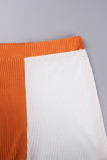 Weiß Orange Lässiger Farbblock Patchwork Schnalle Umlegekragen Langarm Zweiteiler
