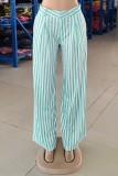 Green Casual Striped Print Patchwork Regular High Waist Conventional Full Print Trousers