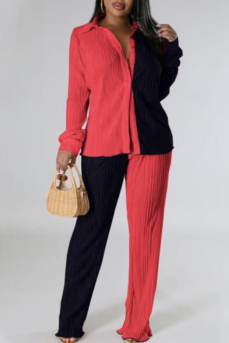 Red Black Casual Color Block Patchwork Buckle Turndown Collar Long Sleeve Two Pieces