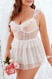 White Sexy Living Solid Patchwork See-through Spaghetti Strap Plus Size Sleepwear