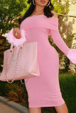 Pink Street Solid Patchwork Off the Shoulder Long Dress Dresses