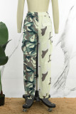 Calças de retalhos convencionais de cintura alta regular com estampa camuflada verde casual