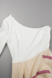 Weiße sexy Straße karierte Bandage Patchwork rückenfreie hohe Öffnung eine Schulter bedruckte Kleid Kleider