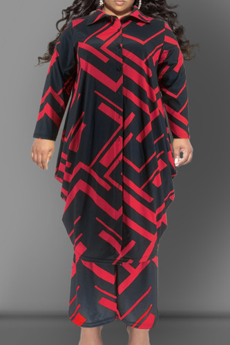 Red Casual Print Patchwork Buckle Turndown Collar Plus Size Two Pieces