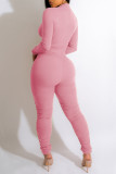 Roze casual effen skinny jumpsuit met vouwrits en kraag