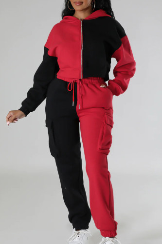 Red Casual Patchwork Draw String Pocket Contrast Zipper Hooded Collar Long Sleeve Two Pieces