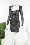 Zwart sexy patchwork heet boren rugloze jurken met vierkante kraag en lange mouwen