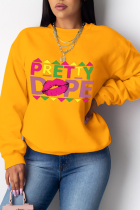 Yellow Casual Vintage Print Letter O Neck Tops