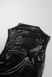 Vestidos pretos elegantes com bainha de gola mandarim em patchwork sólido e abertura alta