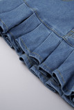 Light Blue Sexy Solid Patchwork Pocket Buttons Zipper Pleated Mid Waist Boot Cut Denim Pleated Mini Skirts