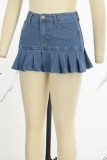 Light Blue Sexy Solid Patchwork Pocket Buttons Zipper Pleated Mid Waist Boot Cut Denim Pleated Mini Skirts