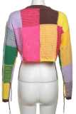 Colour Casual Patchwork Contrast O Neck Tops