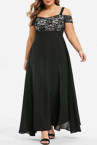 Black Casual Solid Patchwork Off the Shoulder Long Dress Plus Size Dresses