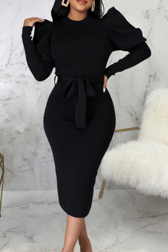 Black Elegant Solid Bandage Patchwork O Neck Long Sleeve Dresses