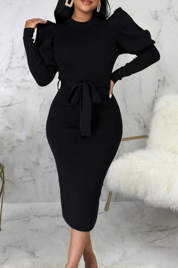 Черные элегантные однотонные лоскутные платья с круглым вырезом и длинными рукавами