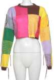 Colour Casual Patchwork Contrast O Neck Tops