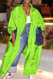 Grüne, lässige, solide Patchwork-Oberbekleidung mit Kordelzug und Taschenknöpfen, Reißverschluss und Umlegekragen