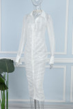 Robes blanches sexy à manches longues et col rabattu transparent en patchwork