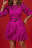 Rose Red Elegant Solid Hollowed Out Patchwork With Belt Pleated O Neck A Line Dresses（Belt Included）
