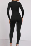 Black Casual Solid Patchwork Zipper O Neck Skinny Jumpsuits