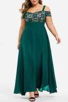 Groene casual effen patchwork off-shoulder lange jurk grote maten jurken