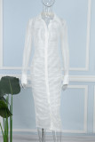 Белые сексуальные лоскутные прозрачные платья с отложным воротником и длинными рукавами