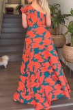 Multicolor Sexy Casual Print Backless Slit Oblique Collar Long Dress Dresses