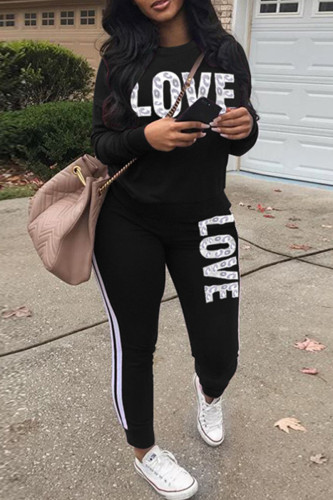 Black Fashion Casual Letter Print Basic O Neck Long Sleeve Two Pieces