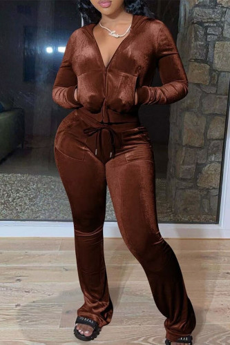 Brown Casual Solid Patchwork Draw String Pocket Zipper Hooded Collar Long Sleeve Two Pieces