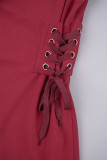 グレー カジュアル ソリッド パッチワーク クロス ストラップ オブリーク カラー ロング スリーブ ドレス