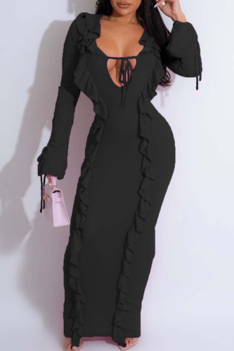 Black Elegant Solid Patchwork Frenulum V Neck Long Dress Dresses