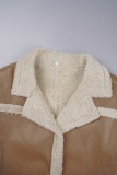 Black Brown Casual Patchwork Cardigan Contrast Turndown Collar Outerwear