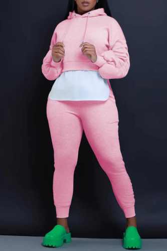 Pink Casual Solid Patchwork Hooded Collar Long Sleeve Two Pieces