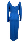 Vestidos de manga comprida azul casual sólido básico com decote em U