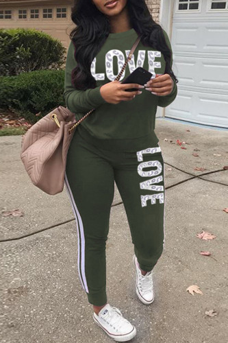 Army Green Fashion Casual Letter Print Basic O Neck Long Sleeve Two Pieces