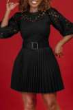 Zwarte elegante effen uitgeholde patchwork met riem geplooide O-hals A-lijn jurken (inclusief riem)