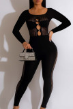 Black Sexy Solid Hollowed Out Patchwork Hot Drill O Neck Skinny Jumpsuits