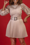 Dieprode elegante effen uitgeholde patchwork met riem geplooid O-hals A-lijn jurken (inclusief riem)