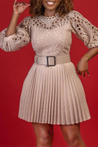 Абрикосовые элегантные однотонные ажурные лоскутные платья с поясом, плиссированные платья трапециевидной формы с круглым вырезом (пояс в комплекте)