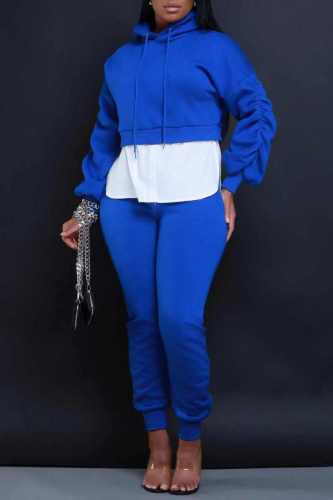Blue Casual Solid Patchwork Hooded Collar Long Sleeve Two Pieces