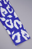 Blau-weißer Straßendruck, Batik-Patchwork, O-Ausschnitt, lange Ärmel, Zweiteiler (ohne Gürtel)