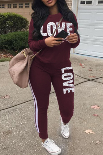Burgundy Fashion Casual Letter Print Basic O Neck Long Sleeve Two Pieces