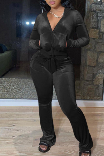 Black Casual Solid Patchwork Draw String Pocket Zipper Hooded Collar Long Sleeve Two Pieces