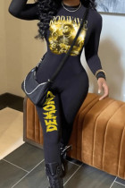 Schwarze, sexy, bedruckte, schmale Jumpsuits mit Patchwork-Reißverschluss und O-Ausschnitt