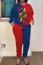 Blue Red Casual Print Basic O Neck Long Sleeve Two Pieces